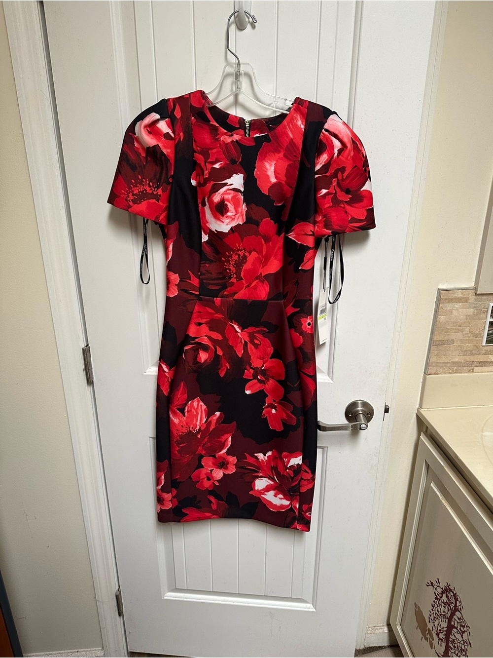 Calvin Klein Red & Black Floral Sheath Mini Dress
